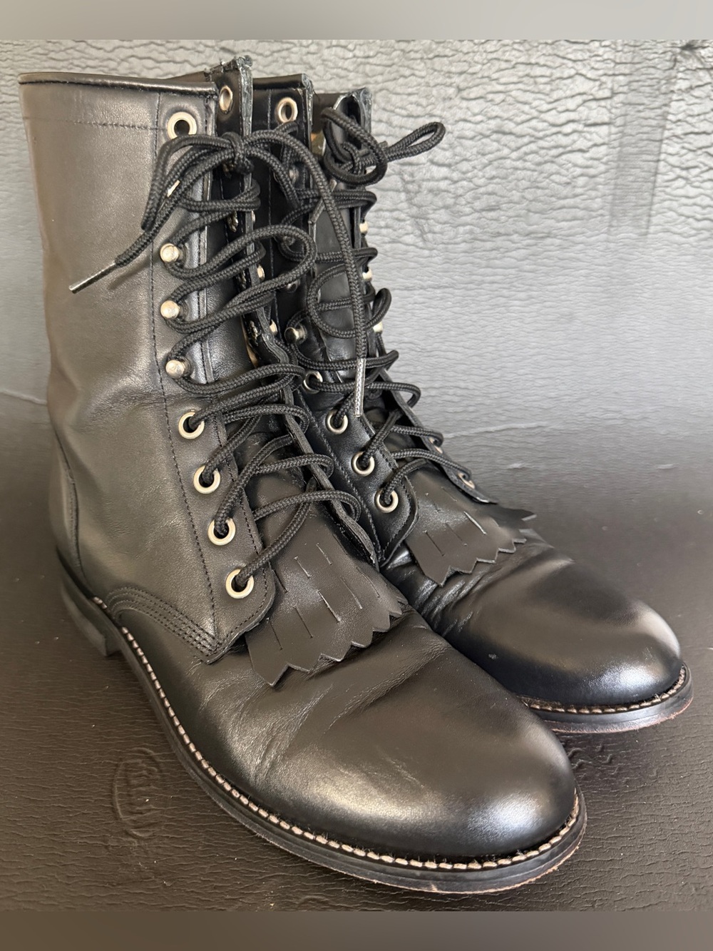 Justin Black Leather Lace-Up womans Boots with Fringe Kiltie